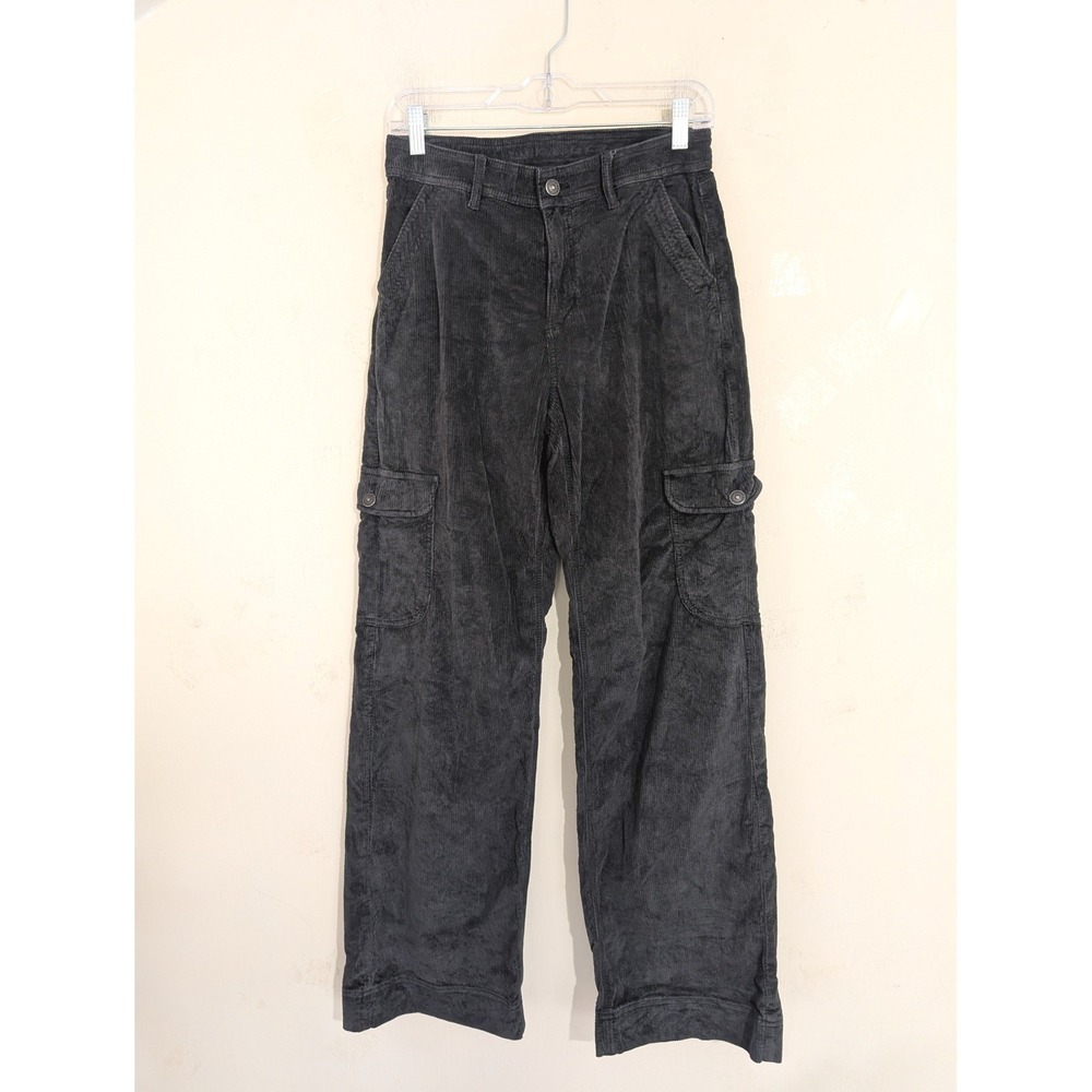American Eagle Corduroy Cargo Pants Womens 4 Long Gray Black Wide Leg Stretch